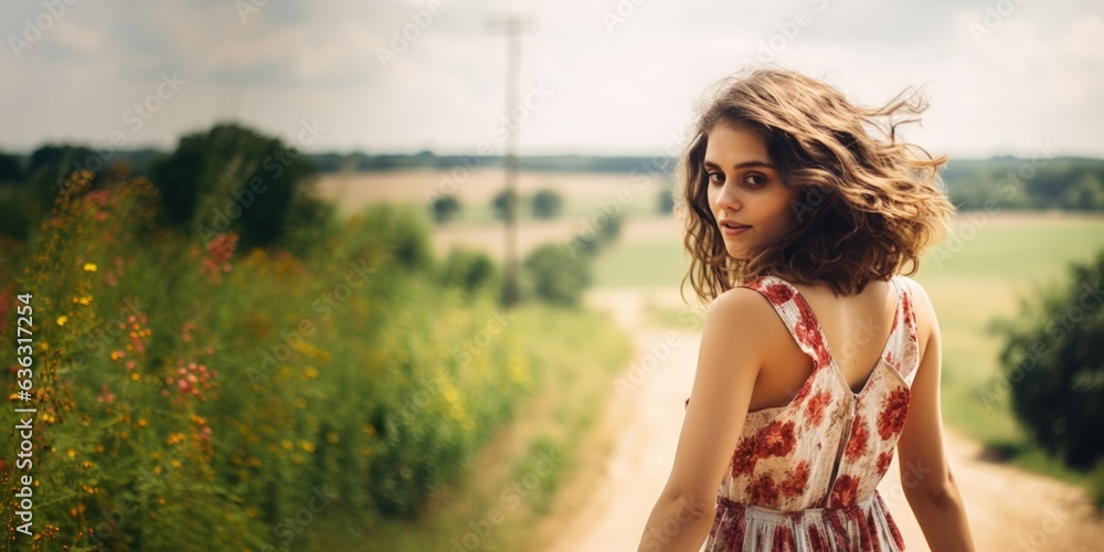 Naklejka premium Beautiful young fictional teenager girl wearing a sundress in countryside. Smiling portrait. Generative AI illustration.