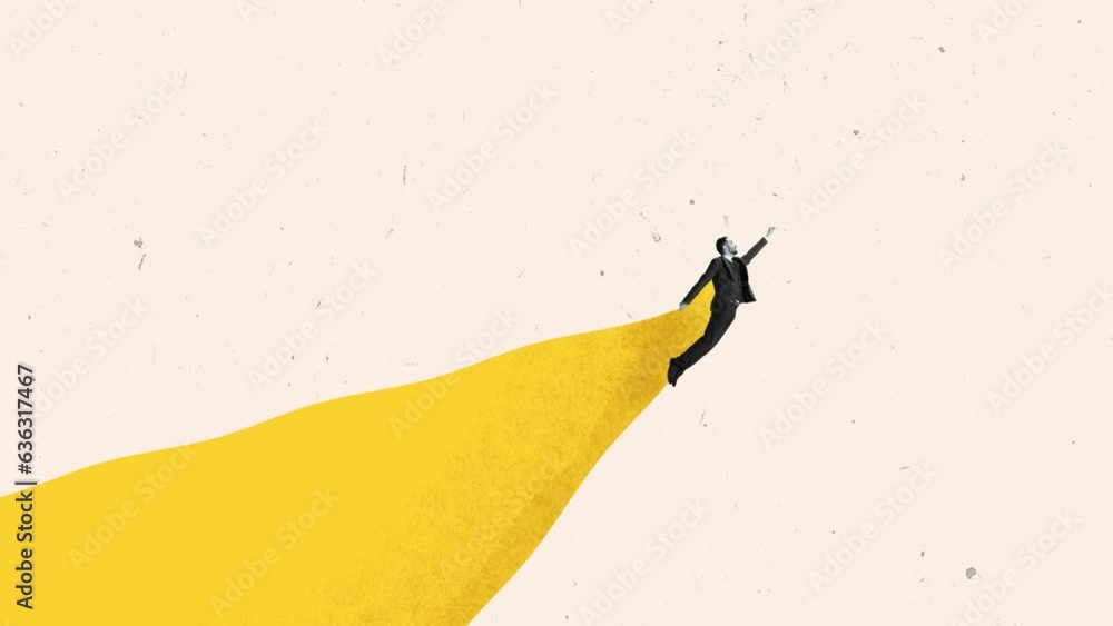 Stop motion, animation. Businessman flyign like a superhero forward, looking for innovations and success