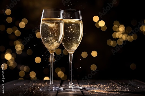 Slika na platnu Dark festive glass of champagne on bokeh background