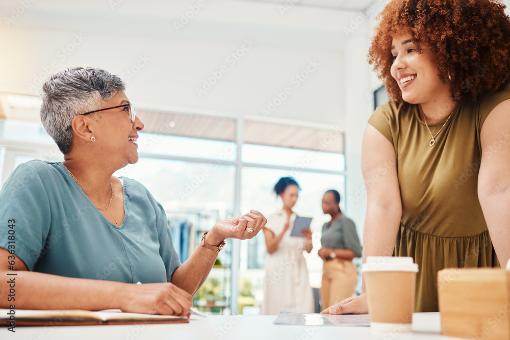 Fototapeta premium Talking, teamwork or women with advice for fashion design, planning or draft for small business clothing line. Smile, notebook or happy designer speaking to mature mentor for help in internship