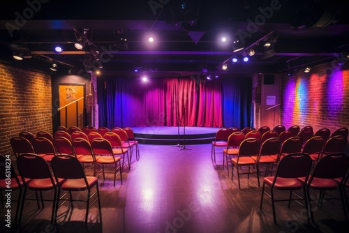 a small cozy stage for performances and shows with chairs and light