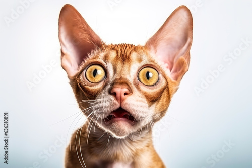 Close-up Funny Portrait of Surprised Devon Rex cat with Huge Eyes Isolated on White Background. Digital illustration generative AI.