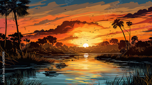  Amazon river illustration landscape and sunrise or sunset. Colorful comic book style illustration. Digital illustration generative AI.