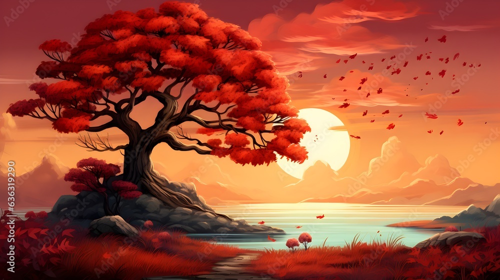 Autumn landscape with a lonely tree in red and orange colors