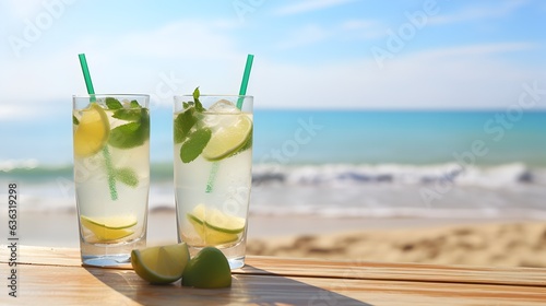 Summer mojito cocktail with lime and mint on white background