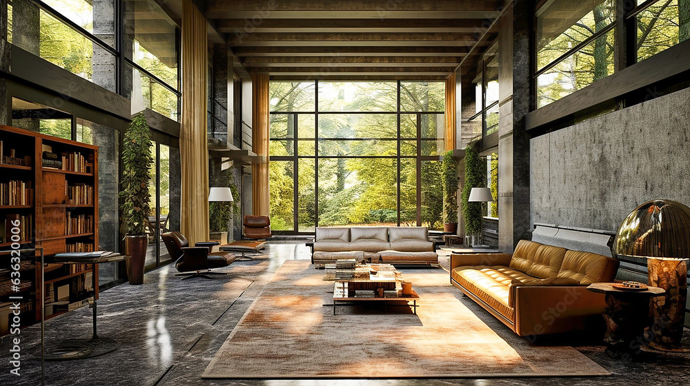 Interior of a modern living room with a large window overlooking the garden