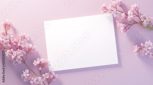 white greeting card mockup with lilac branches on a pink background © id512