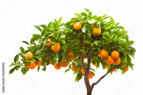 Close-up of orange tree with leaves on white background. Generative AI