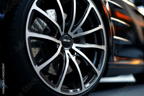 Close-up of black sports car front wheel with alloy rim. Generative AI