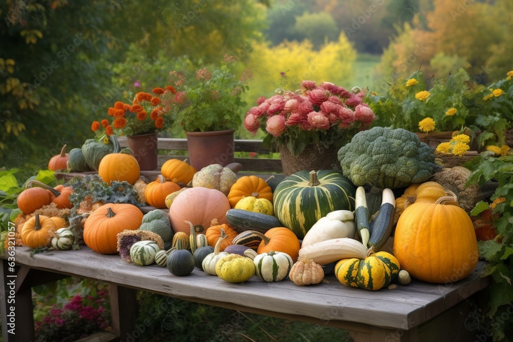 Colorful autumn display with pumpkins, gourds, and squashes against a lively natural backdrop. Celebrating harvest and Thanksgiving. Generative AI