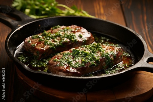 Parsley-topped steak sizzling in a pan, complemented by a wooden spatula adorned with parsley. Generative AI