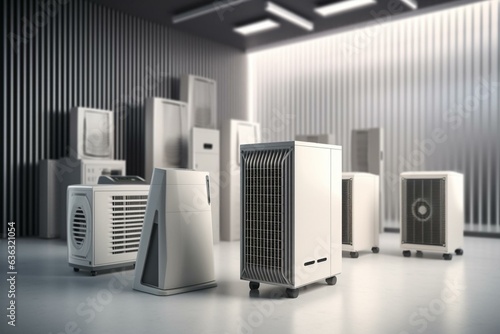 Multiple indoor units of air conditioner with various types. 3D rendered image. Generative AI photo