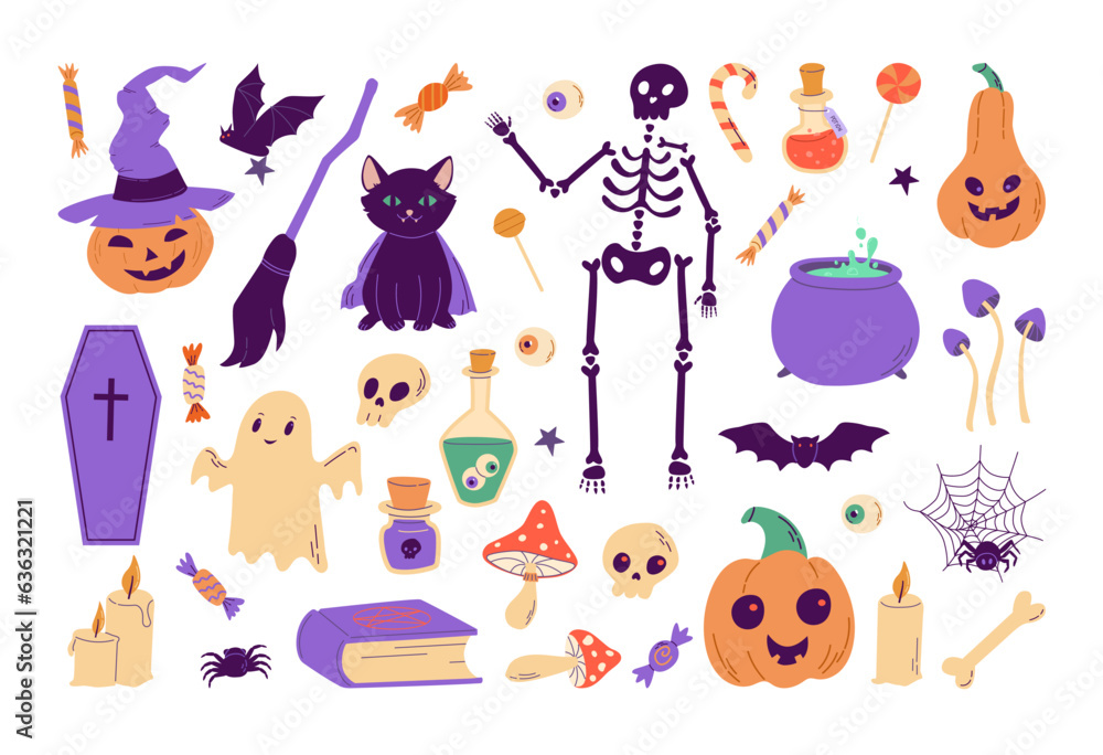 Fototapeta premium Happy Halloween elements set. Skeleton, ghost, pumpkin, bat, black cat, candies, spiders cartoon vector illustration. Perfect for scrapbooking, invitation, greeting card, poster design