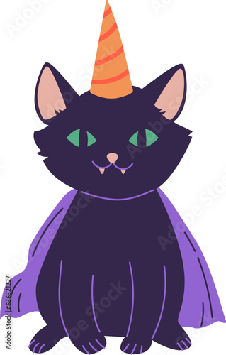 Cute cartoon black cat with green eyes and a hat vector illustration. Happy Halloween