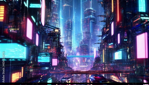 Wide shot of cyberpunk city