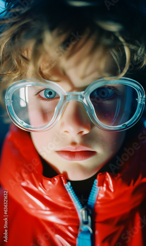 Close-up portrait of a cute blond little boy with big eyeglasses