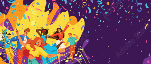 Party vector banner background. Young men and women dancing, they are