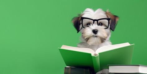 Dog with glasses reads a book on a green background with space for text. Banner, copyspace