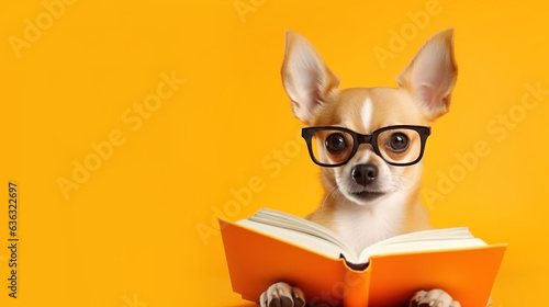 Dog with glasses reads a book on an orange background with space for text. Banner, copyspace © dwoow