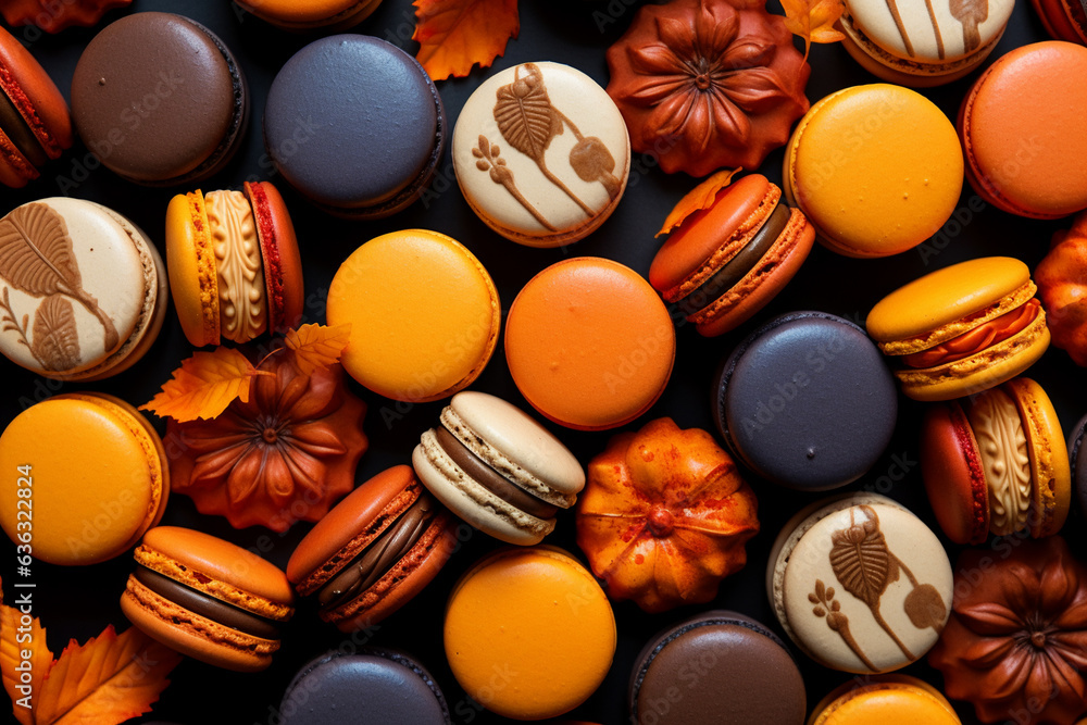 Thanksgiving themed delicious macarons pattern flat lay Thanksgiving themed delicious macarons pattern flat lay