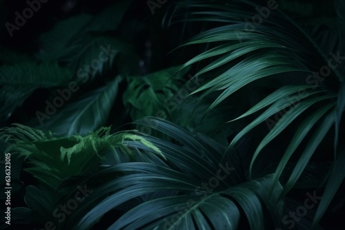 Closeup tropical foliage. Dark, nature background. Generative AI