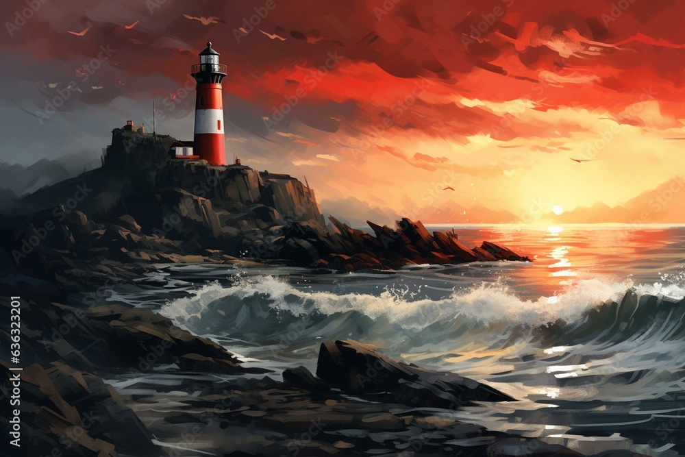 A painting of a lighthouse on the shore. Generative AI