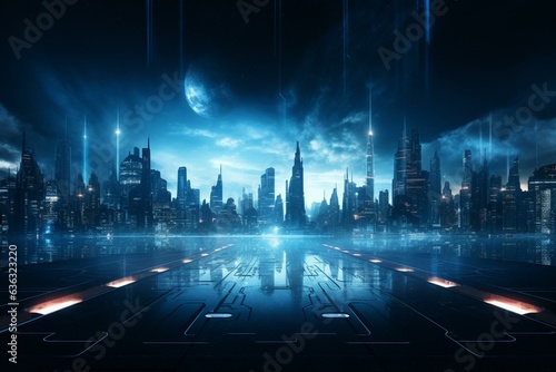 Futuristic urban skyline in dimly lit 3D space. Generative AI