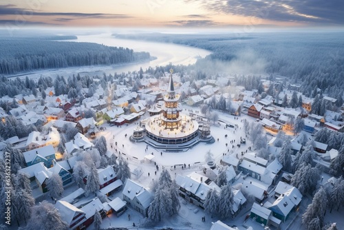 An aerial perspective of a winter-themed village in Rovaniemi, Lapland, associated with Santa Claus. Generative AI photo