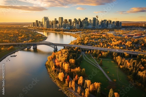 Aerial view of fall North Saskatchewan River & Edmonton skyline from Rossdale with James MacDonald Bridge. Generative AI photo