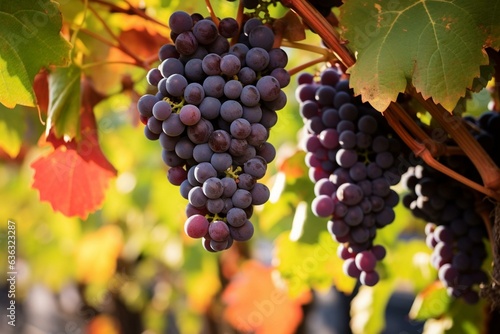 Vibrant foliage surrounds gamay grapes hanging from vines. Generative AI