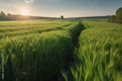 Summer field with lush green barley grown in rich soil under sunlight. Generative AI