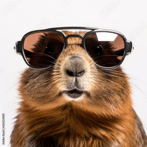close-up of Beaver with sunglasses on white background