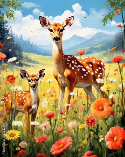 Animals frolic in the warm summer meadow.