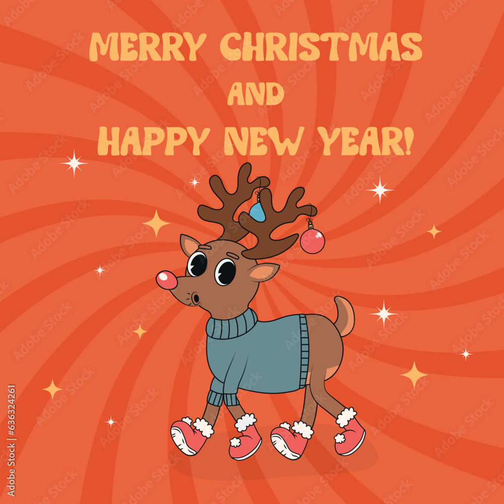 Retro groovy Christmas reindeer blue sweater. Groovy hippie Merry Christmas and Happy New Year. Trendy groovy cartoon illustration style vintage background. Greeting cards, posters, party invitations.