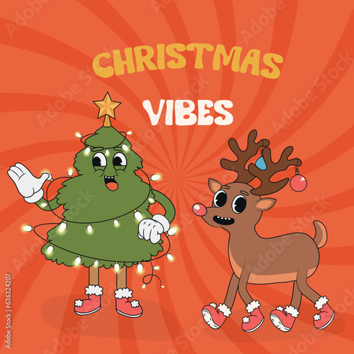 Retro groovy Christmas tree and reindeer. Groovy hippie Merry Christmas and Happy New Year. Trendy groovy cartoon illustration style vintage background. Greeting cards  posters  party invitations.