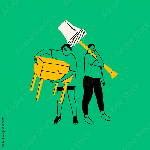 People carrying commode and floor lamp. Cute characters. Cartoon style. Hand drawn Vector isolated illustration. Relocation, moving, permutation, interior concept. Poster, print, logo template