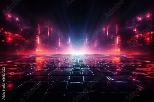 The dark stage shows, red background, an empty dark scene, neon light, spotlights The asphalt floor and studio room with smoke float up the interior texture for display products © abstract Art