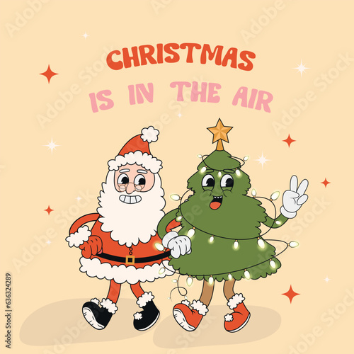  Retro groovy Christmas tree and Santa Claus. Groovy hippie Merry Christmas. Trendy groovy cartoon illustration style vintage color background. Greeting cards, posters, prints, party invitations.