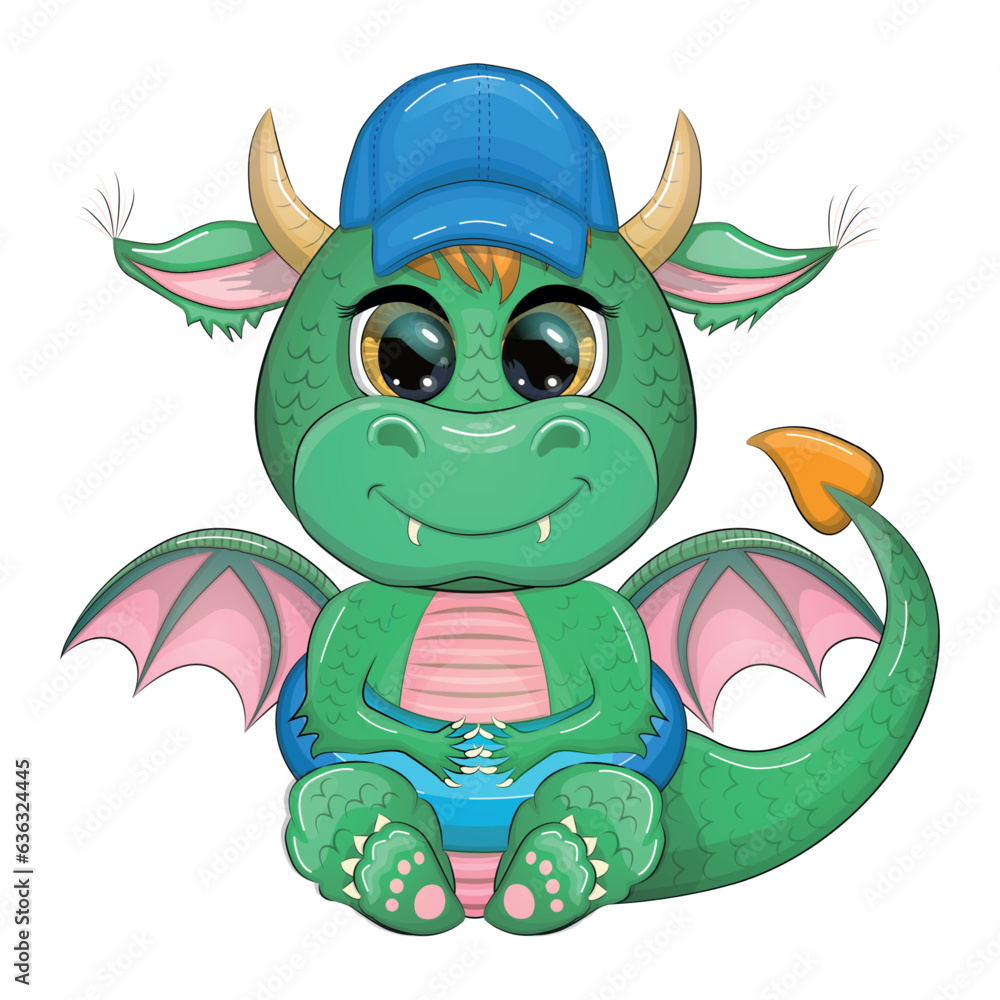 Cute cartoon green baby dragon in a summer hat, swim ring. Symbol of 2024 according to the Chinese calendar. Cute cartoon green baby dragon in a summer hat, swim ring. Symbol of 2024 according to the Chinese calendar.