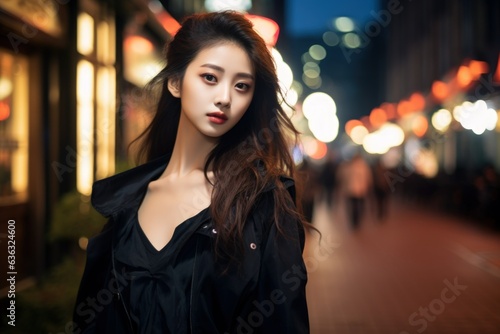 Street portrait of a fictional young Chinese lady tourist with a city in the background. Traveling photo illustration. Generative AI.