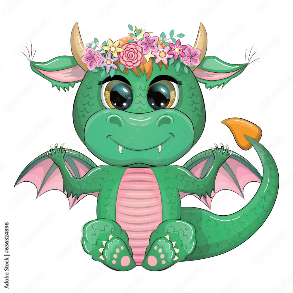 Cute cartoon green baby dragon with horns and wings. Symbol of 2024 according to the Chinese calendar Cute cartoon green baby dragon with horns and wings. Symbol of 2024 according to the Chinese calendar
