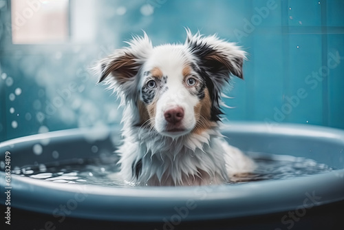 Funny puppy sitting in bathtub waiting for grooming. Banner for pet shop, grooming salon. Generative AI