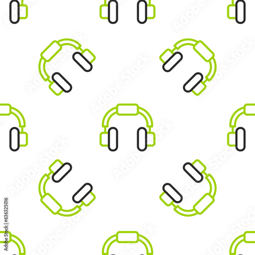 Line Headphones icon isolated seamless pattern on white background. Earphones. Concept for listening to music, service, communication and operator. Vector © Vadim
