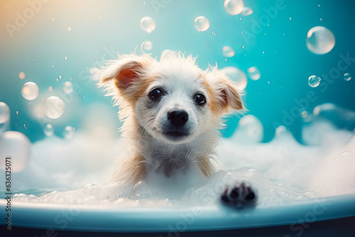 Funny puppy sitting in bathtub waiting for grooming. Banner for pet shop, grooming salon. Generative AI © zamuruev