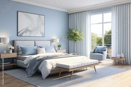 Spacious and modern bedroom with ample natural light and light blue walls. Generative AI © Beatriz