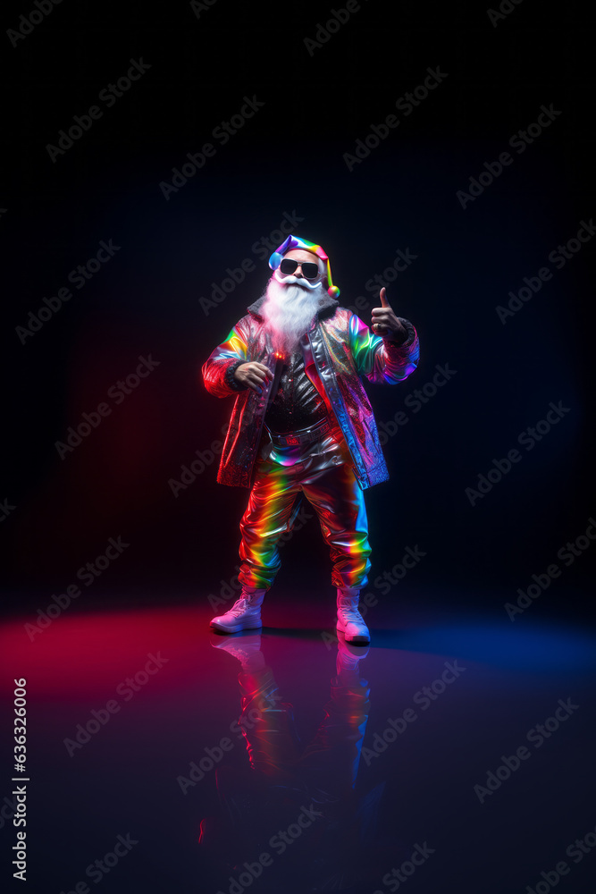 Fototapeta premium Trendy Santa Claus in fluorescent clothes illuminated by neon lights on a dark background. Concept of Christmas and New Year celebration and party, Luminous colors. Generative AI.
