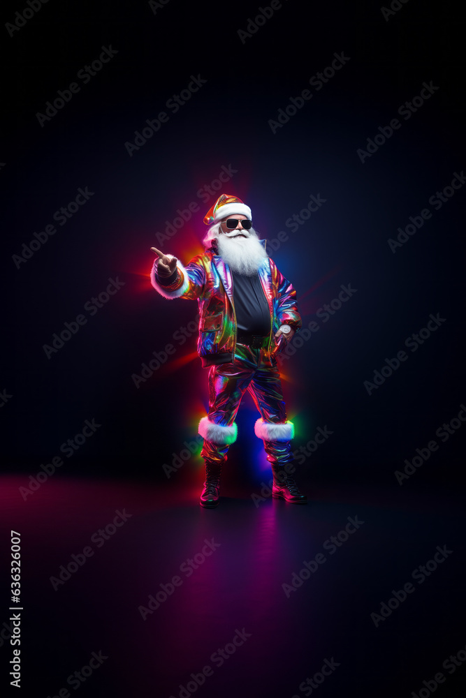 Trendy Santa Claus in fluorescent clothes illuminated by neon lights on a dark background. Concept of Christmas and New Year celebration and party, Luminous colors. Generative AI.
