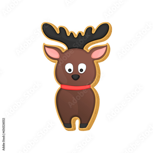 Christmas sugar cookie reindeer santa deer. Xmas vector illustration with cute reindeer cookie shape decorated with chocolate icing. Holiday Xmas sugar cookie bisquit.