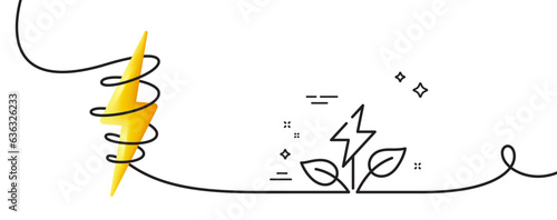 Eco power line icon. Continuous one line with curl. Clean electric energy sign. Charging symbol. Eco power single outline ribbon. Loop curve with energy. Vector