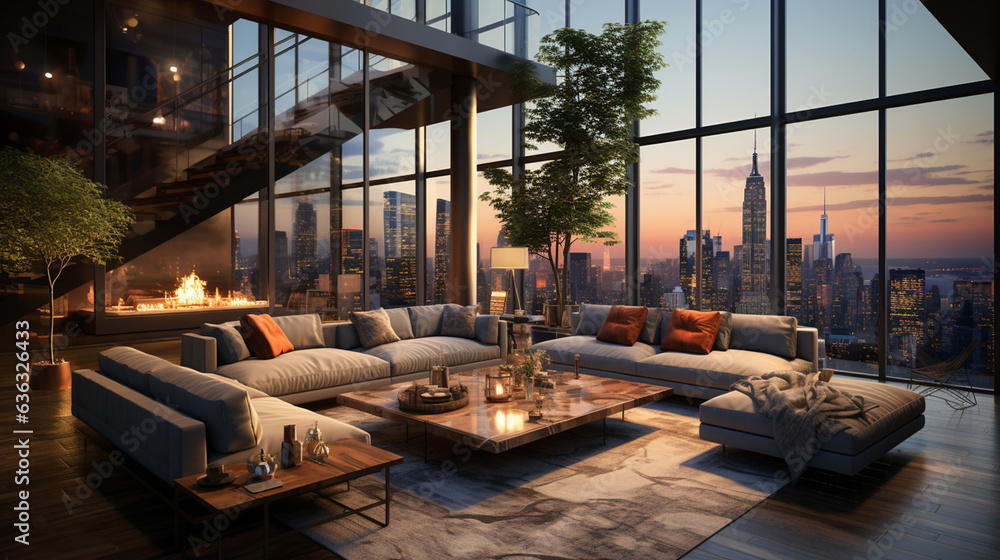 Fototapeta premium Interior of modern living room panorama 3d rendering